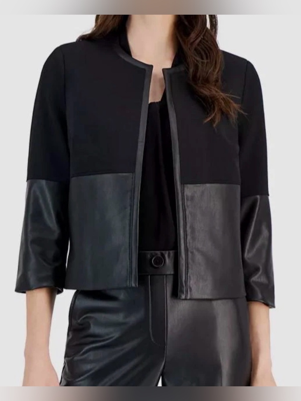 Gorgeous tailored Kasper Black Mixed-Media Faux Leather Trim Jacket EUC